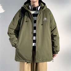 冬季日系简约保暖加厚连帽抽绳休闲宽松棉衣外套男MY9081-P100，男装棉衣，电商A128