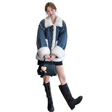 羊羔毛拼接牛仔棉服女2025冬季新款高级感复古时尚小个子加厚外套，女装毛呢外套，2B190