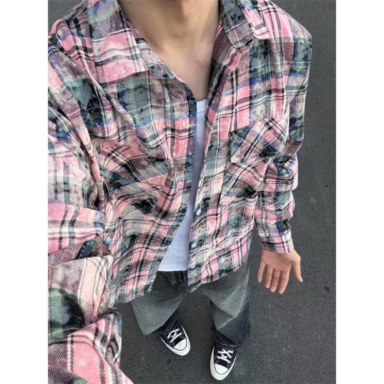 【有货】粉色格子衬衫男女款vintage美式复古长袖衬衣C54HH-特P45,男装衬衫,星座1007（原301D）