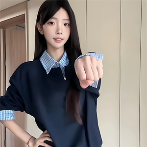 Y506-P61 新款春季格子拼接简约卫衣学院风套头图片