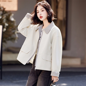 黄色美式复古格纹拼接假两件夹克女2025初春新款设计感休闲短外套图片