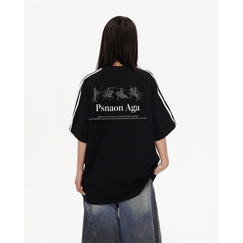 抖音得物高品质二开240克宽松纯棉美式潮牌三条杠织带短袖T恤图片