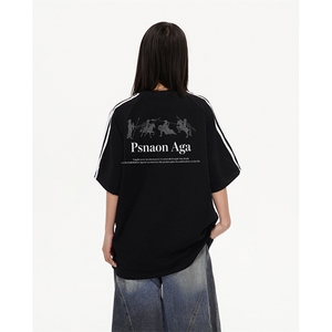 抖音得物高品质二开240克宽松纯棉美式潮牌三条杠织带短袖T恤图片