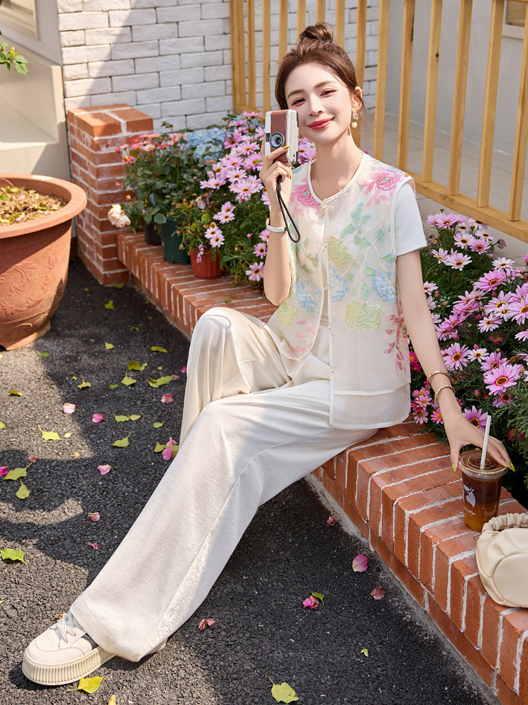 现货重工艺荷叶刺绣马甲阔腿裤女夏季休闲宽松两件套美静678P165,女装套装/套裙,美静678