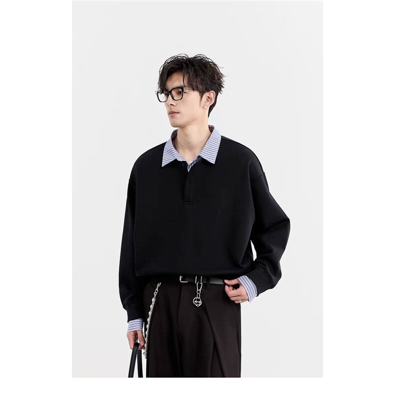 港风秋款男假两件卫衣条纹卫衣衬衫领宽松外套wy628P50，男装衬衫，星座1013-1