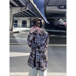 春夏流行格子衫扎染毛边长袖衬衫休闲宽松衬衣时尚上衣外套图片