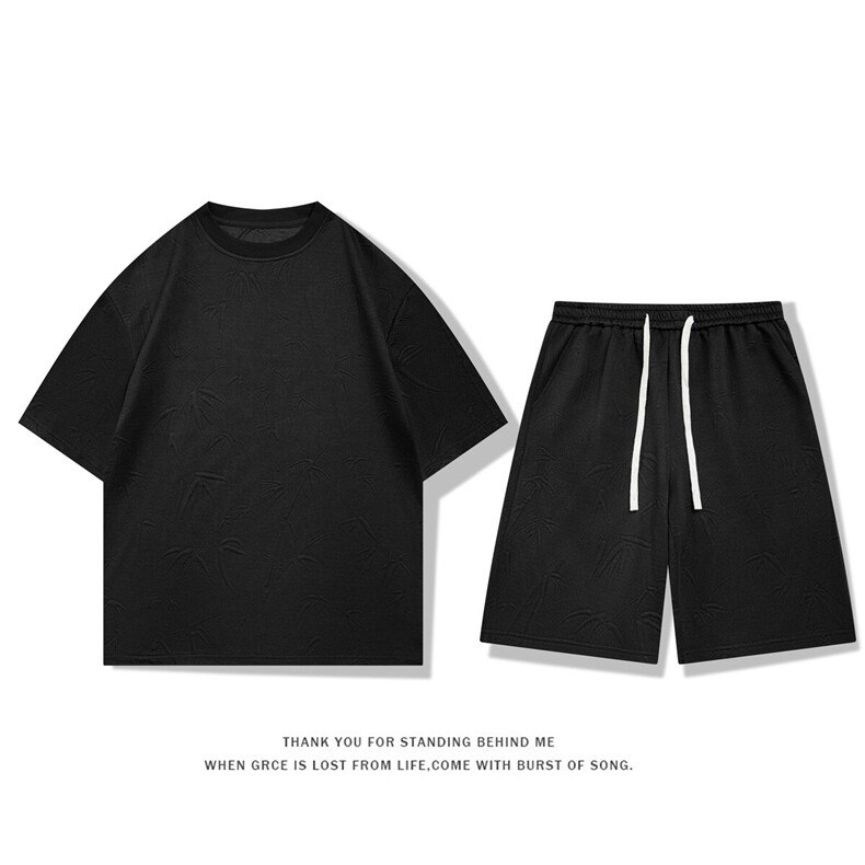 夏装短袖T恤短裤情侣套装宽松竹叶提花休闲运动套装 TZ866-特P50图片