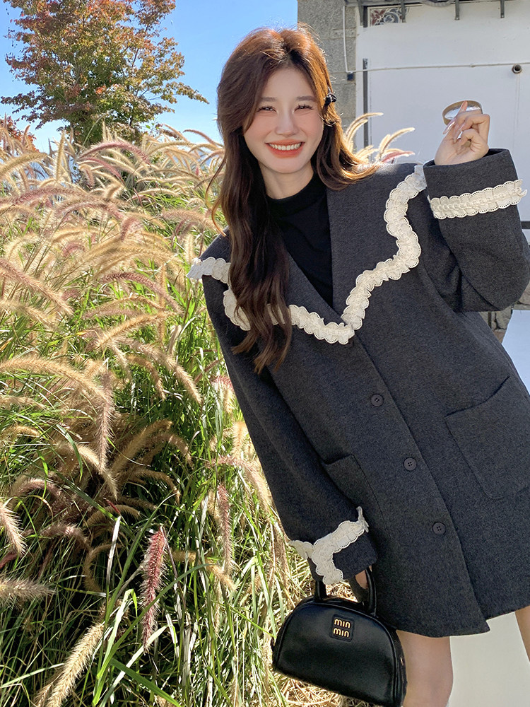 2025春季新款蕾丝气质海军领灰色小西装外套女中长款宽松休闲西服,女装短外套,韩蜜菓