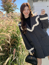 2025春季新款蕾丝气质海军领灰色小西装外套女中长款宽松休闲西服，女装短外套，韩蜜菓
