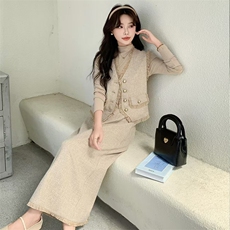 小香风套装女2024秋新款高级感气质名媛通勤流苏马甲半身裙三件套，女装套装/套裙，煊芮熙