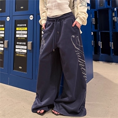 美式设计感烫钻抽绳阔腿卫裤男女宽松百搭休闲直筒拖地长裤，男装休闲裤，星座506A