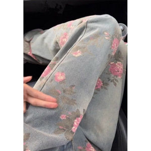 玫瑰提花牛仔裤男春秋设计感花卉印花裤子直筒微喇裤 NK66图片