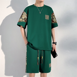 夏季刺绣休闲运动套装男拼接T恤两件套潮流短裤A266-TZ8807-P47图片