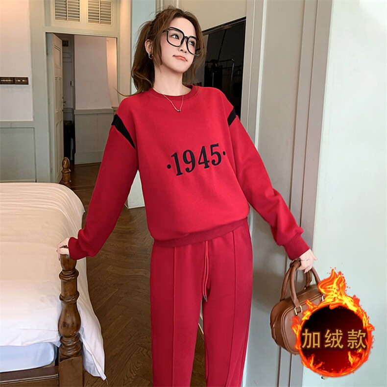 时尚洋气圆领加绒卫衣显瘦卫裤套装潮图片