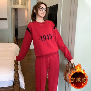 时尚洋气圆领加绒卫衣显瘦卫裤套装潮图片