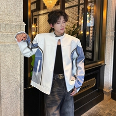 港风秋款男皮夹克衫PU皮拼接扎染机车赛车立领外套JK8571P80，男装夹克，星座1013-1