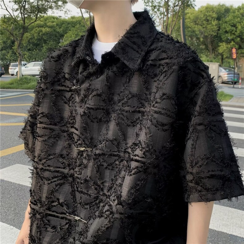 潮牌痞帅炸街衬衫男女夏设计感小众短袖衬衣流苏休闲外套~CS177,男装衬衫,星座601-2