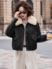 2025冬装新款简约时尚加绒皮衣外套，女装皮衣，魅丽静蓝