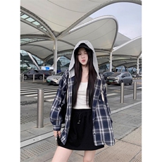 TC1395-P45复古连帽格子衬衫女新款早秋慵懒风小个子衬衣防晒外套，男装防晒衣，星座617A-2