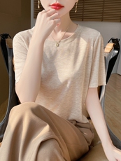 简约圆领气百搭显瘦短袖上衣女，女装针织衫/毛衣，绒宛羊绒