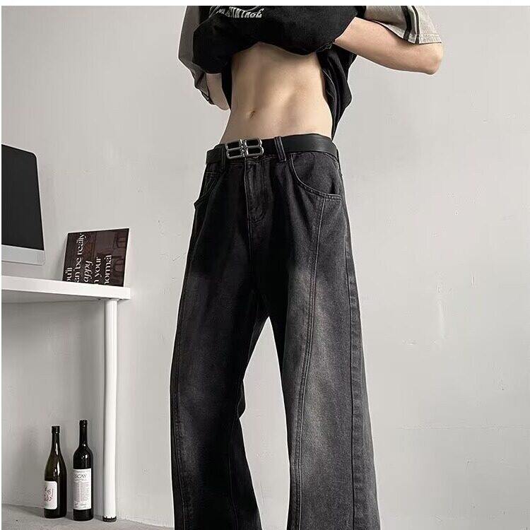 解构水洗黑牛仔裤美式vibe风显瘦微喇裤男生高个子提档高腰直筒裤图片