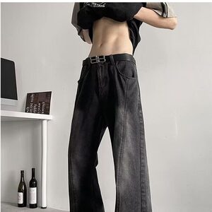 解构水洗黑牛仔裤美式vibe风显瘦微喇裤男生高个子提档高腰直筒裤图片