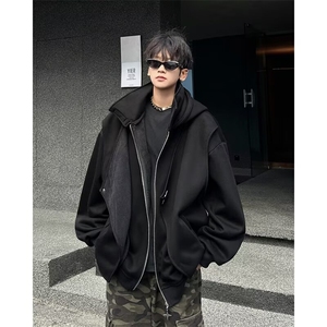 秋季潮牌立领拉链长袖假两件卫衣宽松连帽男外套图片