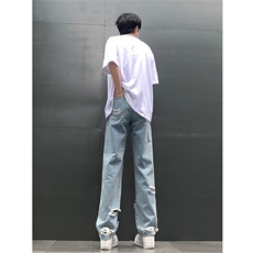 现货夏季显瘦破洞设计感宽松直筒高街薄款休闲牛仔裤K5802-特P35，男装牛仔裤，星座205