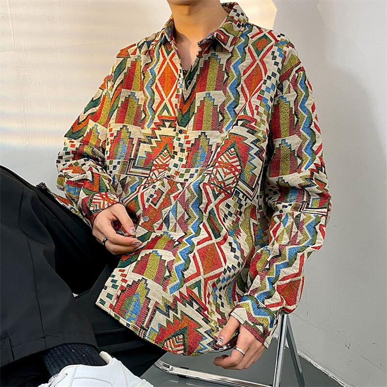 民族风加厚长袖衬衫男青少年扎染花色外套百搭加厚衬衣CS912P55，男装民族服装，电商A062