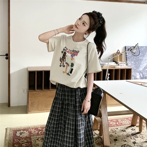 2025夏季新款女装圆领套头卡通印花减龄百搭短袖T恤格子半裙套装图片