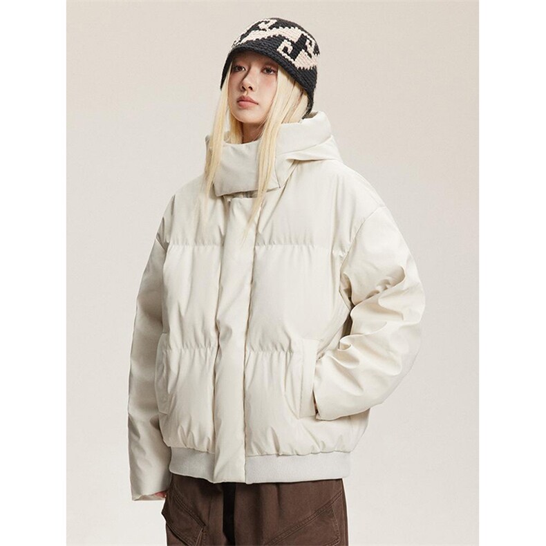 现货5W件冬季三防重磅boxy短款羽绒连帽PU皮棉衣外套防风加厚棉服，男装棉衣，电商A443