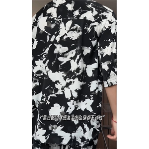 泼墨扎染短裤男短袖衬衫男套装男M-5XL大码TZ78715P50控98模特图图片
