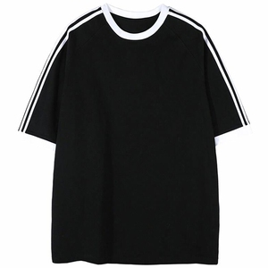 抖音得物品质二开240克宽松纯棉美式潮牌袖口撞色织带短袖T恤图片