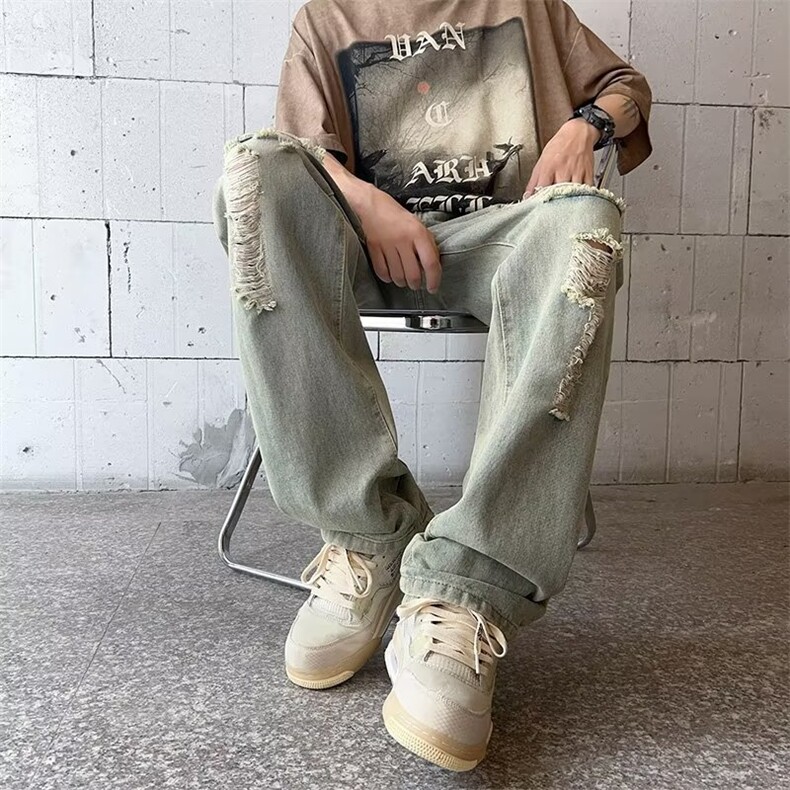 美式vibe风裤子高街潮牌水洗破洞牛仔裤男复古街头阔腿裤GN21-P45,男装牛仔裤,星座1008