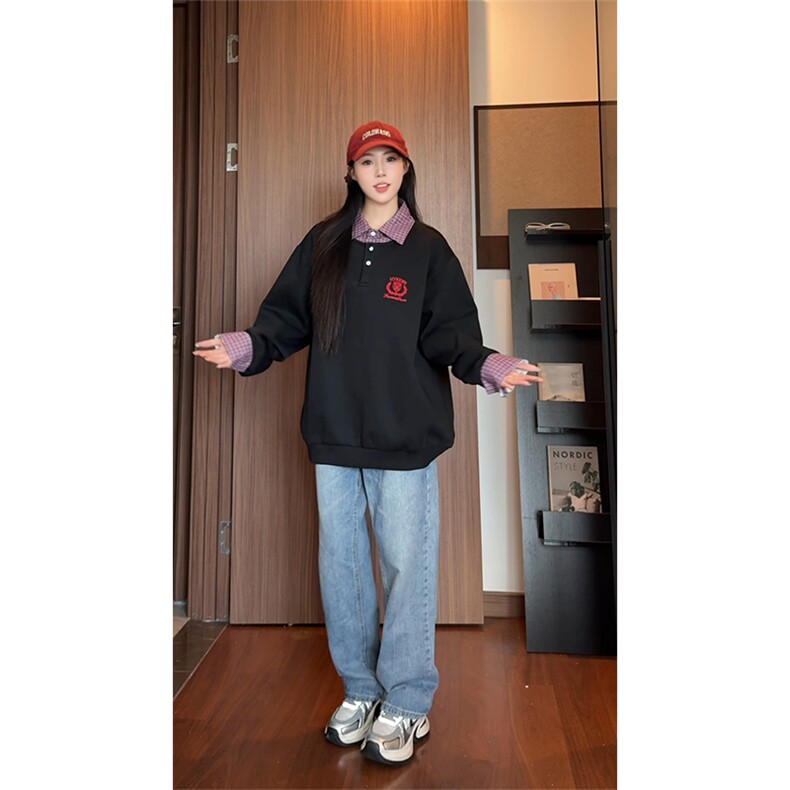 美式学院刺绣翻领假两件卫衣男女cp199-特p55,男装卫衣,电商B371