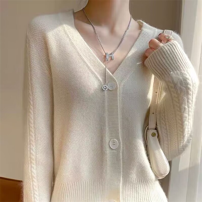 2024年秋季时尚气质桂花针V领开衫显瘦，女装针织衫/毛衣，昂家羊绒