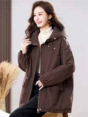 2025冬季时尚休闲夹棉加厚保暖舒适中长款棉服，女装派克服，天丽