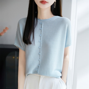 2025夏季新款天丝针织短袖T恤女装圆领套头纯色轻薄气质百搭上衣图片