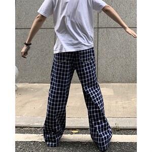 美式高街潮牌男女泡泡格子休闲裤直筒宽松慵懒显瘦阔腿休闲长裤子图片