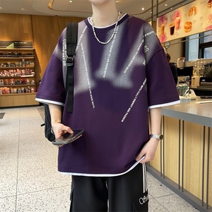 25156-特P40夏季休闲T恤男短袖打底衫青少年假两件潮牌印花T恤图片