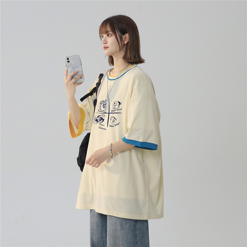 2025夏季新拼色卡通图案印花宽松圆领短袖T恤T1037/P45控59-100棉,男装T恤,电商A148-1