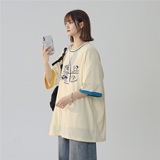2025夏季新拼色卡通图案印花宽松圆领短袖T恤T1037/P45控59-100棉，男装T恤，电商A148-1