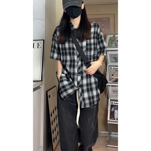 夏季潮流复古格子大码翻领短袖衬衫内搭外套DC2231-特价P26图片
