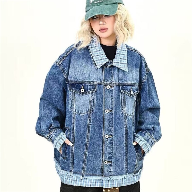 网图美式拼接假两件牛仔夹克男秋季水洗宽松休闲翻领外套，男装工装外套，星座410-7