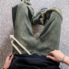 复古蓝拼接毛边牛仔裤男女2023年夏小个子显瘦阔腿直筒拖地裤，男装牛仔裤，星座601-2