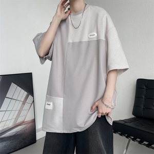 7XL-M美式纯短袖T恤男2023夏季新款ins潮拼接宽松体恤加肥加大,白色西装加白色裙子搭配什么鞋子图片