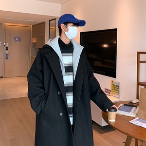517A-8-Y27-P128 现货抖音假两件帽子可拆长款毛呢大衣图片