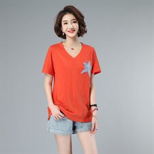 2021新款大码女装V领印花T恤宽松显瘦舒适上衣，女装大码女装，秋牧寒烟