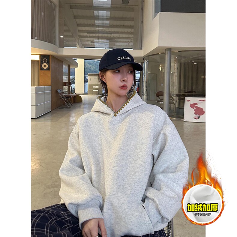 480G重磅加绒硬挺boxy男女秋冬美式高街结构贝壳刺绣连帽卫衣外套，女装短外套，电商A486