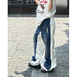 美式复古撞色拼接牛仔裤男女hiphop宽松垂感休闲阔腿拖地长裤子图片